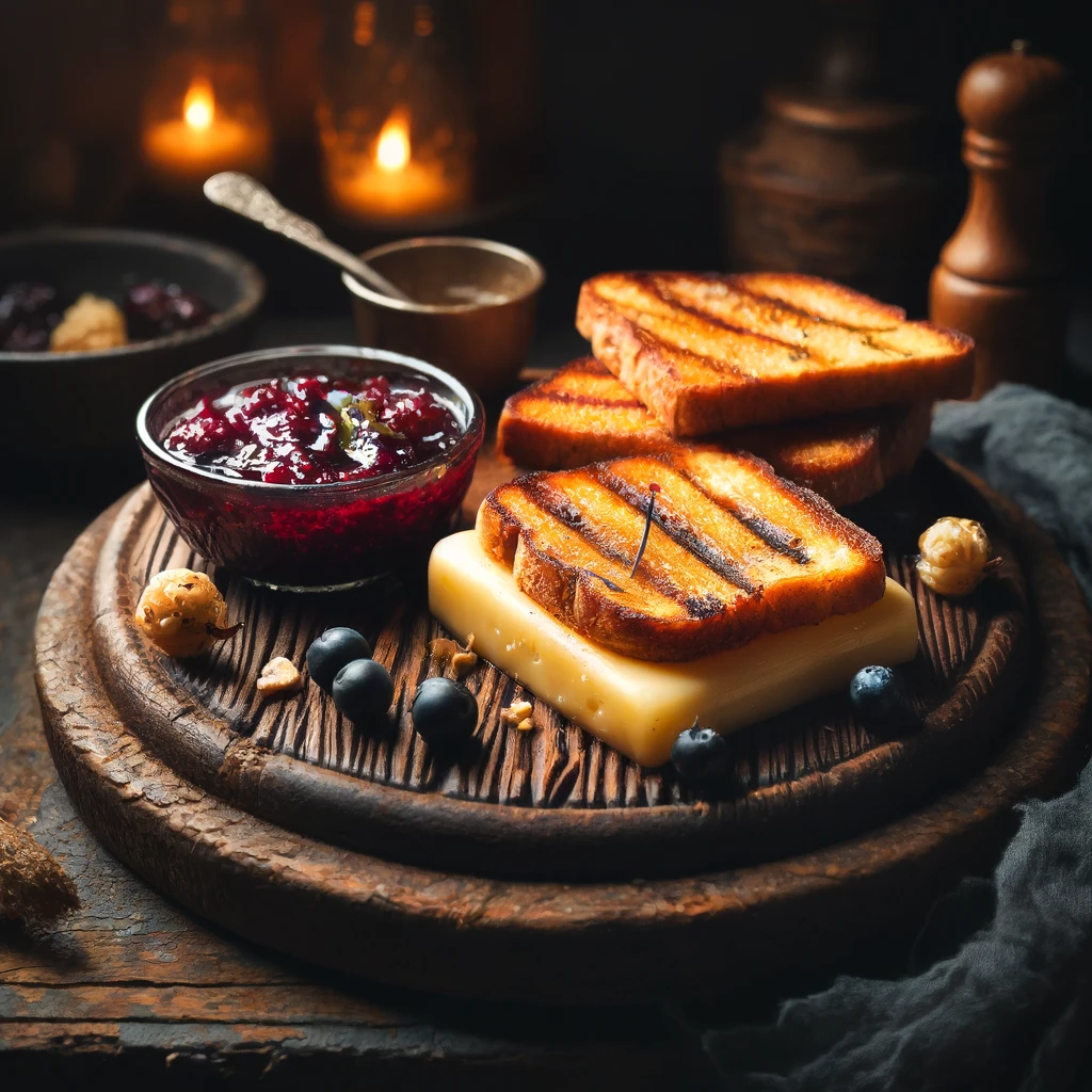 Grilled bread cheese served with berry jam on a rustic wooden board