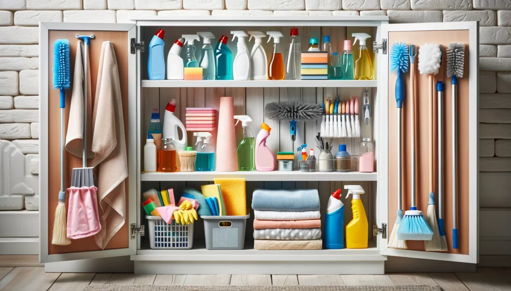 Various cleaning supplies arranged neatly in a cabinet