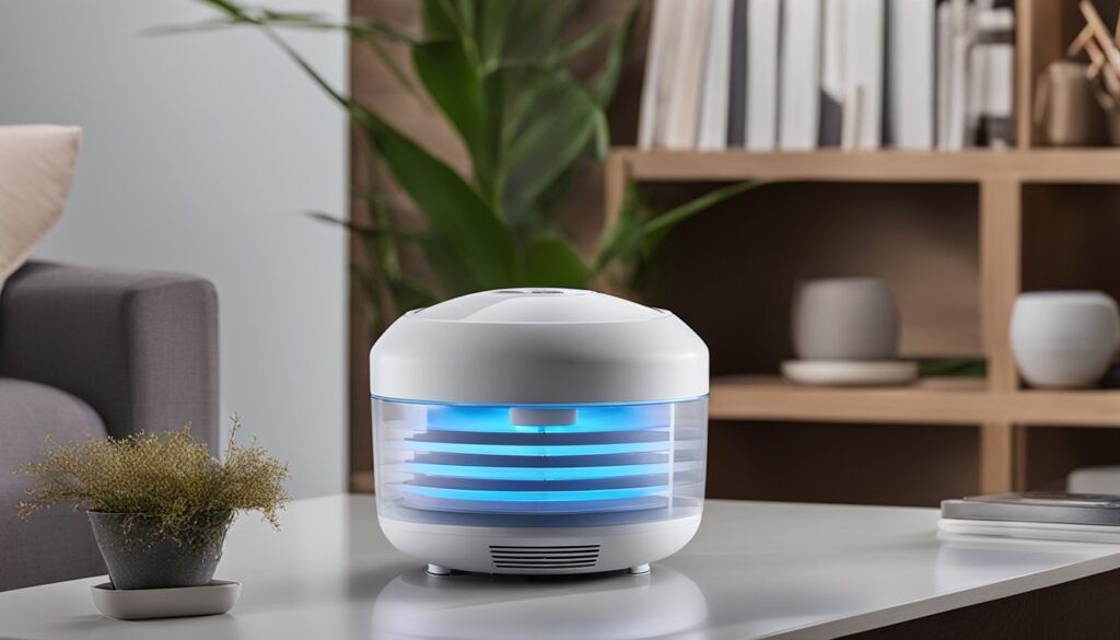 A sleek and modern indoor mosquito trap with a glowing blue light and a silent fan.