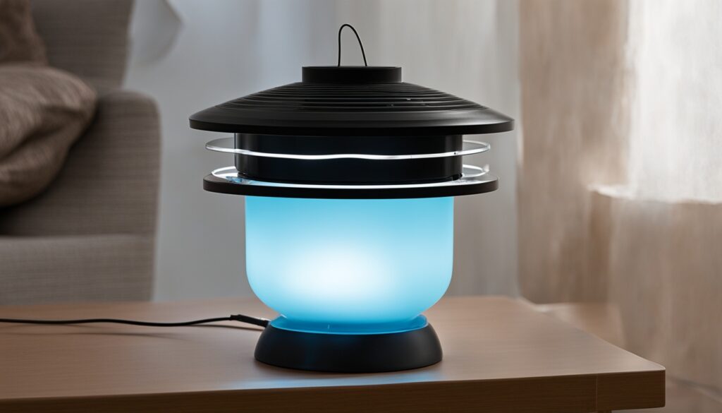 an indoor mosquito trap.  the trap in use with its light and fan on.